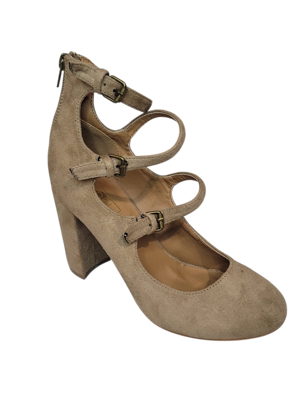 Sand Suede Triple Strap Mary Jane Block Heels - Size 10